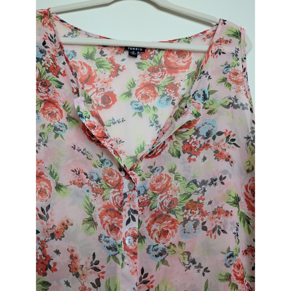 Torrid Womens Plus 0X Pink Floral Sheer Chiffon Hi-Low Sleeveless Tunic Blouse - Picture 3 of 9